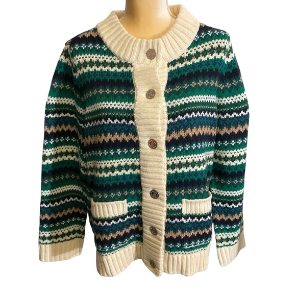 Talbots Sweaters - Talbots Fair Isle style green/cream/blue/tan striped Cardigan. 1X. NWT